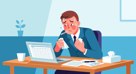 Fototapeta premium Stressed Businessman Suffering From Flu or Cold Symptoms Whilst Working At The Office