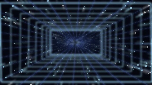 Sci-fi matrix perspective square tunnel loop with silver neon lines and data stream