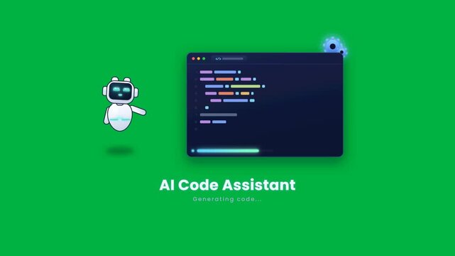 AI code assistant robot generating software in editor with build passed on green screen
