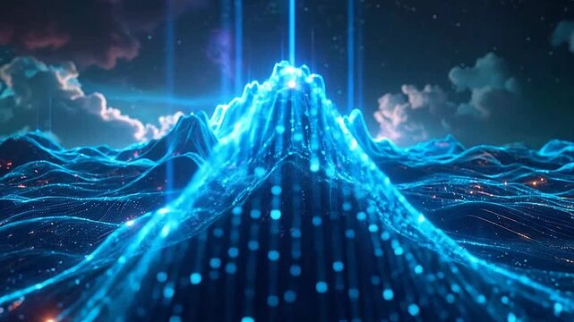 Futuristic digital landscape with glowing blue wireframe mountains and data particles