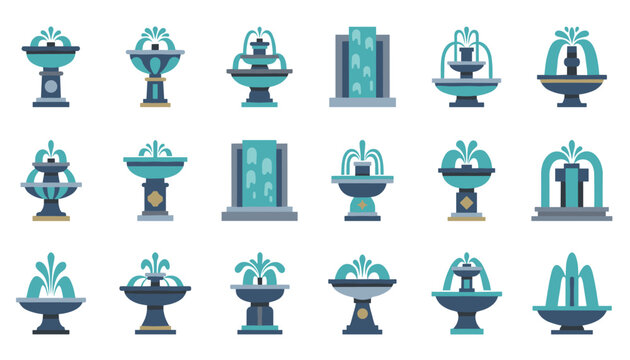 Complete collection of fifteen diverse water fountain icons with unique spraying designs on a white background.