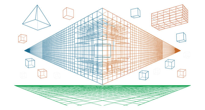 Abstract 3D perspective grid with geometric cubes and wireframe structures vector