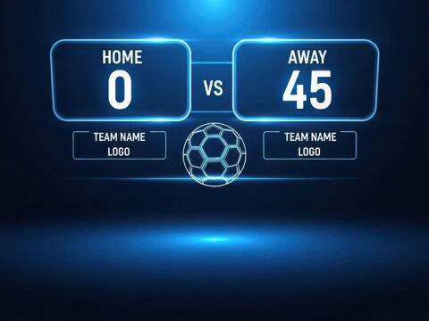 Soccer match scoreboard graphic with blue neon lights