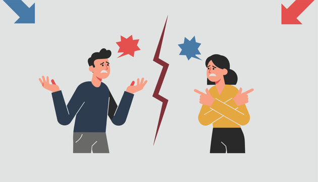 Angry man and woman arguing with a red lightning bolt symbol dividing them to depict relationship conflict or divorce.