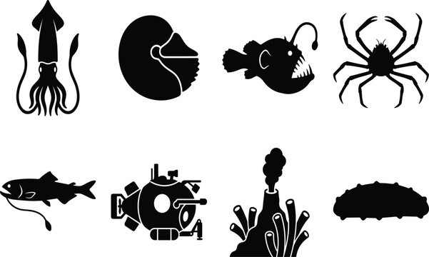 Deep sea marine life and exploration icons set featuring anglerfish submarine giant squid spider crab and hydrothermal vent silhouettes
