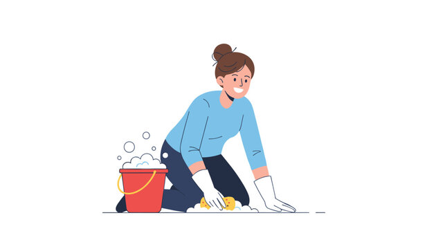 Smiling young woman cleaning the floor with a yellow sponge and a red bucket filled with soapy water on a white background.