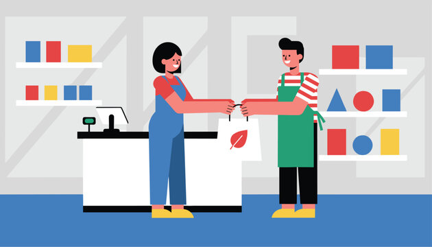 Female grocery clerk handing an eco friendly shopping bag with a leaf logo to a customer at the store checkout counter.