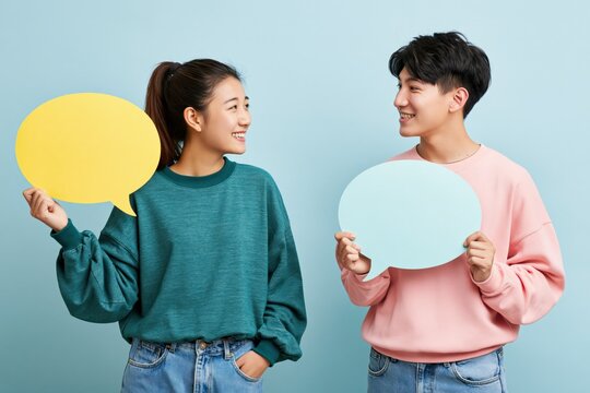 Young pair holding colorful speech bubble signs including yellow and blue for dialogue poster and social media banner on pale blue background