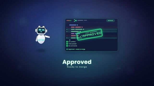 Robot reviewing code pull request with approved stamp ready to merge in software development