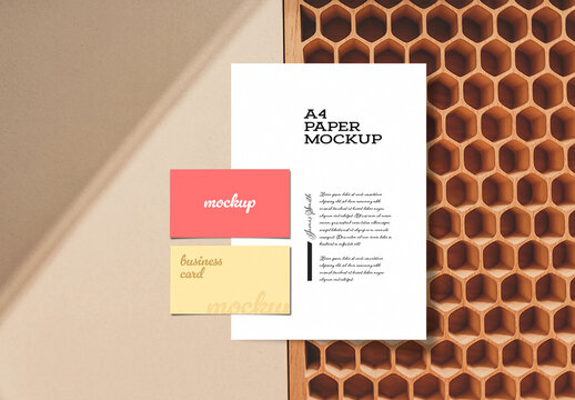 Modern A4 Paper and Business Card Mockup on Geometric Honeycomb Background