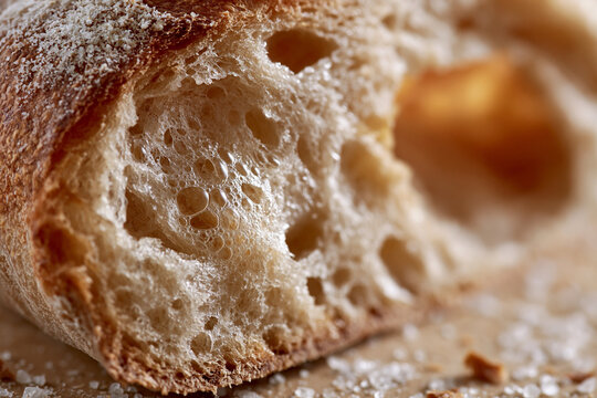 Golden crust, soft crumb, airy pockets. Freshly baked loaf, dusted with flour. Inviting, warm, comforting texture. Perfect for rustic kitchens, cozy cafes. Hue city, Vietnam - 02 June 2026