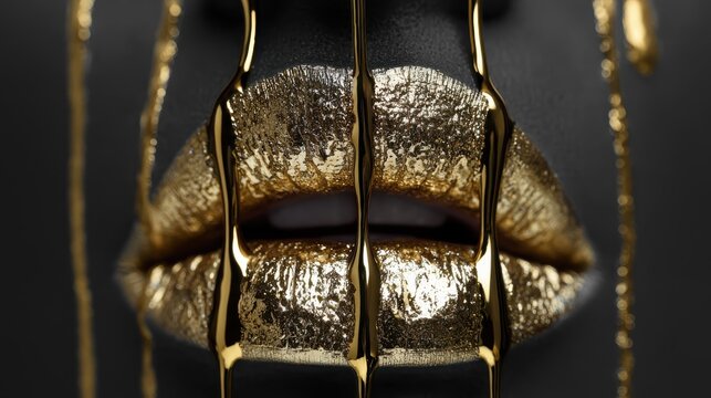 Macro photography of a woman's lower face, black and white skin tone, dripping liquid gold lipgloss on lips, dark background, high contrast, glossy finish, metallic texture, fashion beauty editorial,