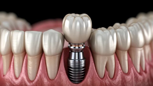 Dental implant with ceramic crown replacing a missing tooth in human gums