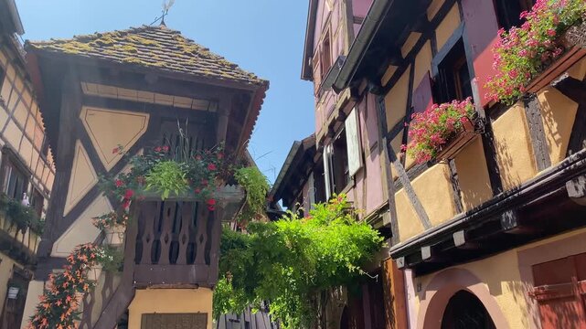 Colorful Wooden Houses in Eguisheim with Historic Alsatian Architecture