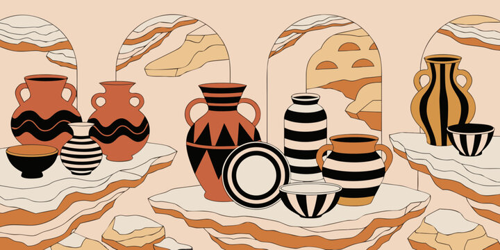 Ancient greek pottery and ceramics displayed on stone surfaces with a background of arches and rock formations ceramics surfaces formations illustration archaeology collection artifacts