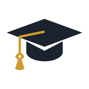 Graduation cap vector icon with gold tassel, academic mortarboard symbol for education and university success, black graduation hat graphic