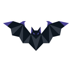 Obraz premium Geometric origami bat vector illustration, low poly flying bat icon in purple and black, stylized nocturnal animal graphic for Halloween branding