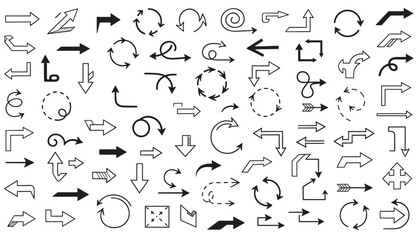 Fototapeta premium Large collection of black and white arrow signs in various styles, directions, curves, and dashed lines.