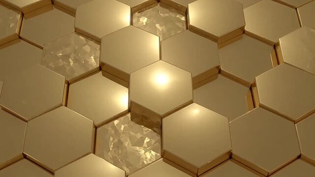 Abstract golden hexagon pattern with reflective metallic surfaces and crystalline textures