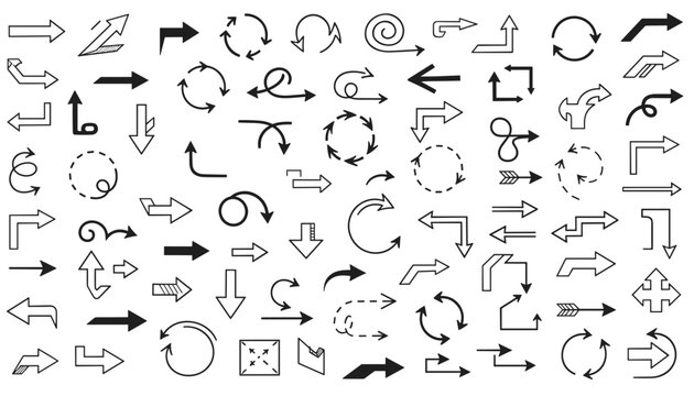 Large collection of black and white arrow signs in various styles, directions, curves, and dashed lines.