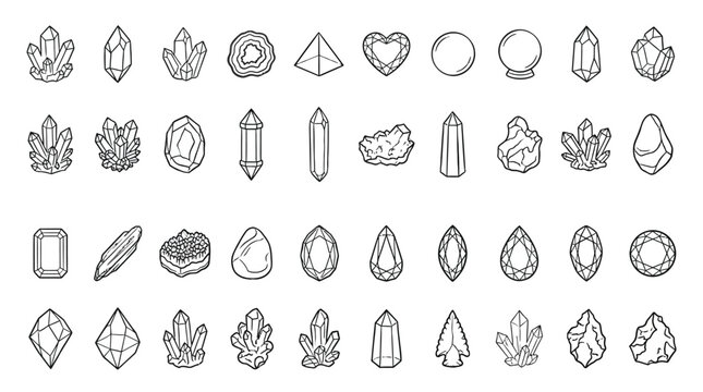 Collection of various crystal and gemstone illustrations in a line art style.