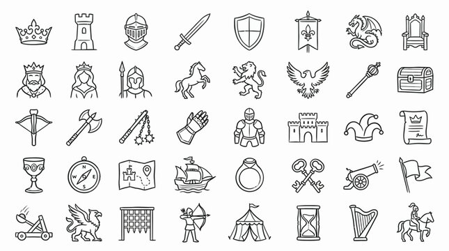 Collection of medieval fantasy icons and symbols in a line art style, representing royalty, warfare, and mythical creatures.