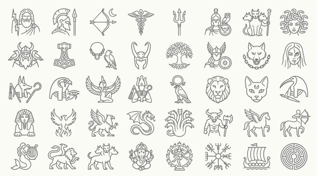 Collection of mythological symbols and creatures from various ancient cultures and legends.