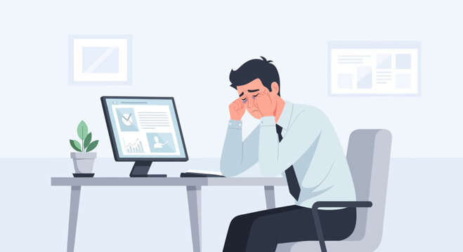 Stressed Businessman At His Desk Exhausted By The Demanding Work On The Computer Screen
