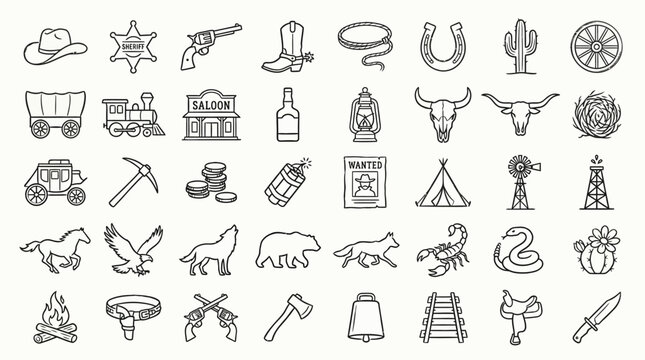 Collection of Western and Cowboy Icons in Line Art Style.