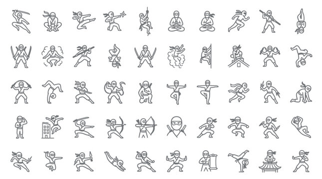 Collection of Ninja Poses and Actions in a Simple Line Art Style.
