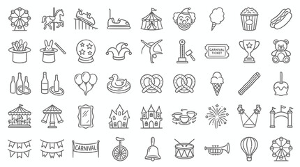 Collection of cartoon icons representing amusement park and carnival attractions and food items. © handaka