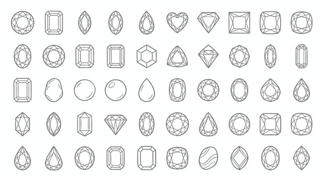 Collection of various cut gemstones and precious stones in a clean line art style.