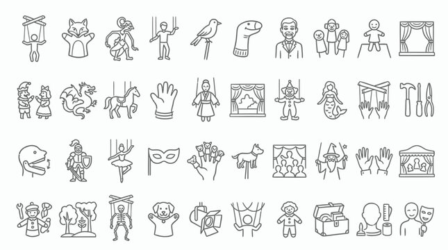 Collection of line art icons representing various types of puppets and theatrical elements.
