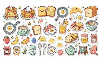 Fototapeta premium Cute Hand Drawn Breakfast Cafe Sticker Collection, Kawaii Pancakes Waffles Toast and Fried Egg Doodles, Adorable Coffee Croissant Bacon and Fruit Jam Clipart Pack
