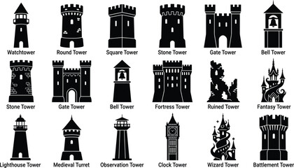 Castle Towers and Medieval Fortress Silhouette Icon Set © Nurjahan