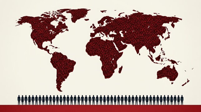 World population concept with human silhouettes on a map