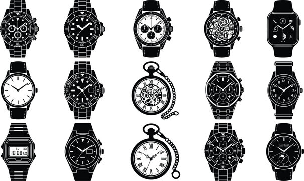 Wristwatch Types and Pocket Watch Vector Icon Set