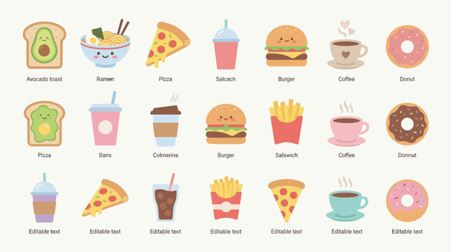 Food icons including pizza, burgers, fries, and coffee