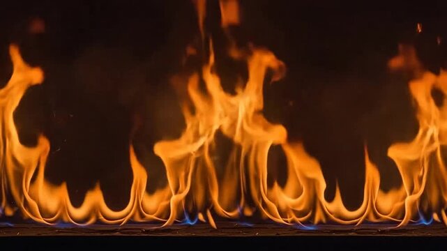 Vibrant orange flames flickering against a dark black background