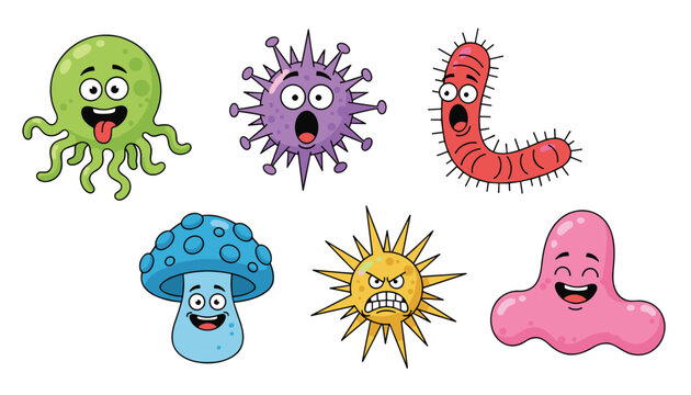 Collection of six cute and funny cartoon bacteria and virus characters with silly facial expressions on white background.