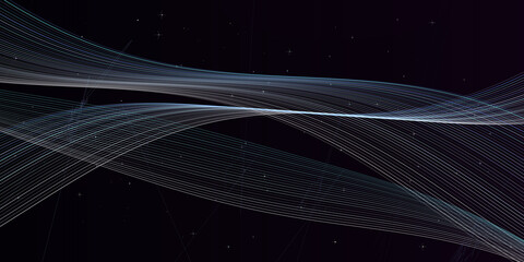 Abstract background featuring flowing white light lines and particles over dark space creating dynamic energy and motion effect. © rk