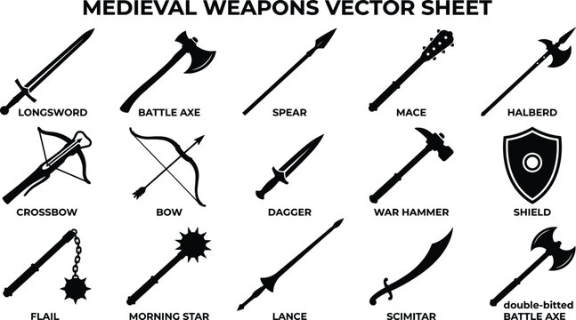 Medieval Weapons and Knight Armament Silhouette Vector Icon Set