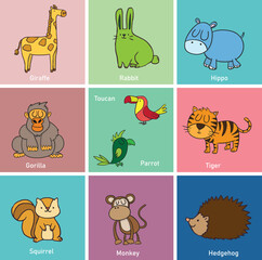 Fototapeta premium A colorful set of cute hand-drawn cartoon animals arranged in a playful grid with simple pastel backgrounds, ideal for children's designs, education, and creative projects.