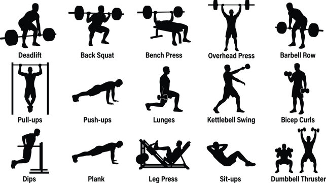 Gym workout exercises and weightlifting fitness silhouettes vector illustration set featuring deadlift squat bench press and lunges