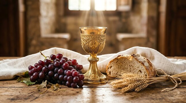 Holy communion chalice with bread and grapes on a rustic wooden table
