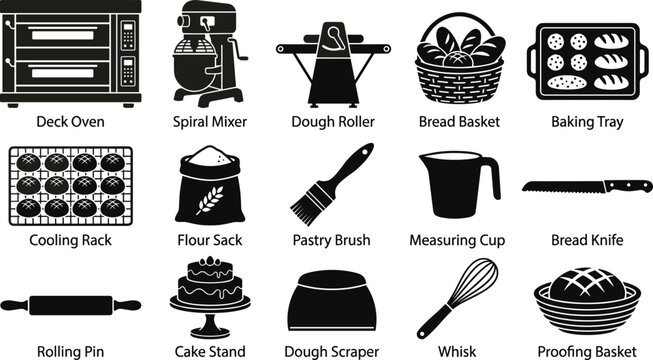 Bakery equipment and professional baking tools flat icon silhouette vector set featuring deck oven spiral mixer bread basket and cake stand