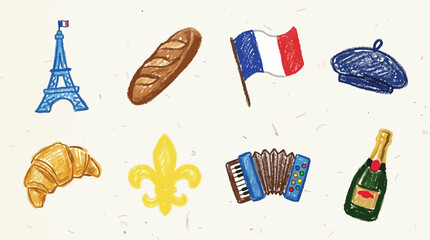 Collection of iconic French symbols and items, including the Eiffel Tower, baguette, flag, beret, croissant, fleur-de-lis, accordion, and champagne. © Oki