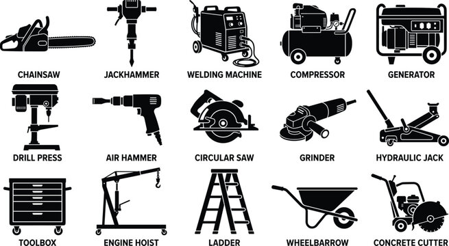 Industrial Power Tools and Construction Equipment Silhouettes