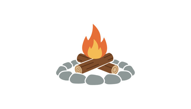 Cozy burning campfire with bright orange flames and brown wooden logs arranged inside a protective grey stone circle.