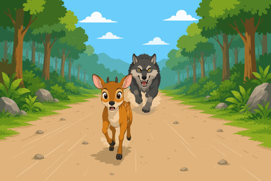 A terrified mouse deer is sprinting as fast as it can through a forest while a fierce wolf relentlessly chases it from behind. The intense pursuit unfolds along a dirt path, with both animals running 
